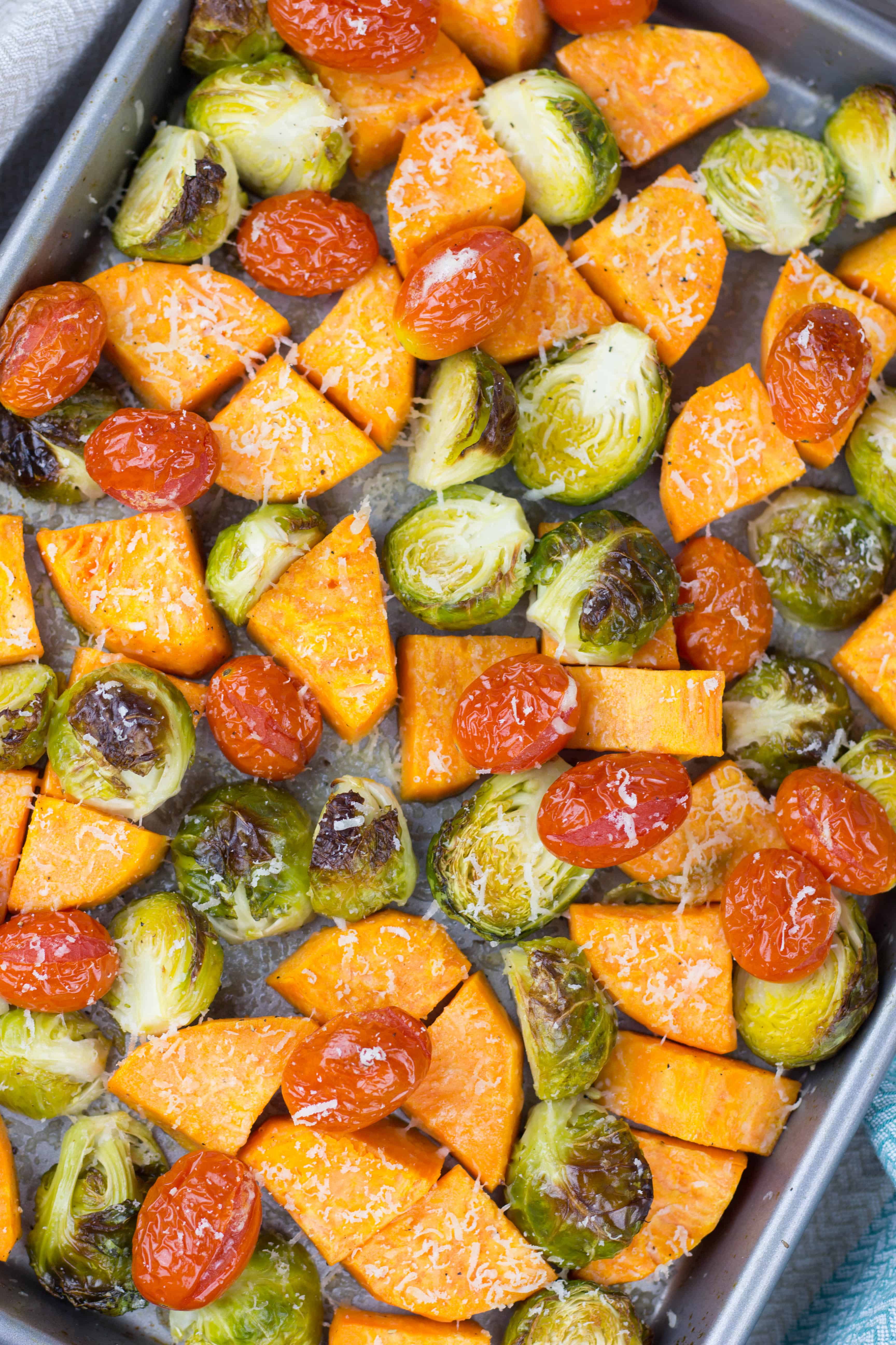 Roasted Brussel Sprouts, Sweet Potato, and Cherry Tomatoes | Veronika's ...