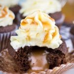Chocolate Cupcakes with Caramel Filling and Vanilla Buttercream Frosting are moist and decadent mini cakes that you can make from scratch.