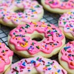Donut Sugar Cookies topped with icing and sprinkles are the best recipe for soft cut out sugar cookies made from scratch!