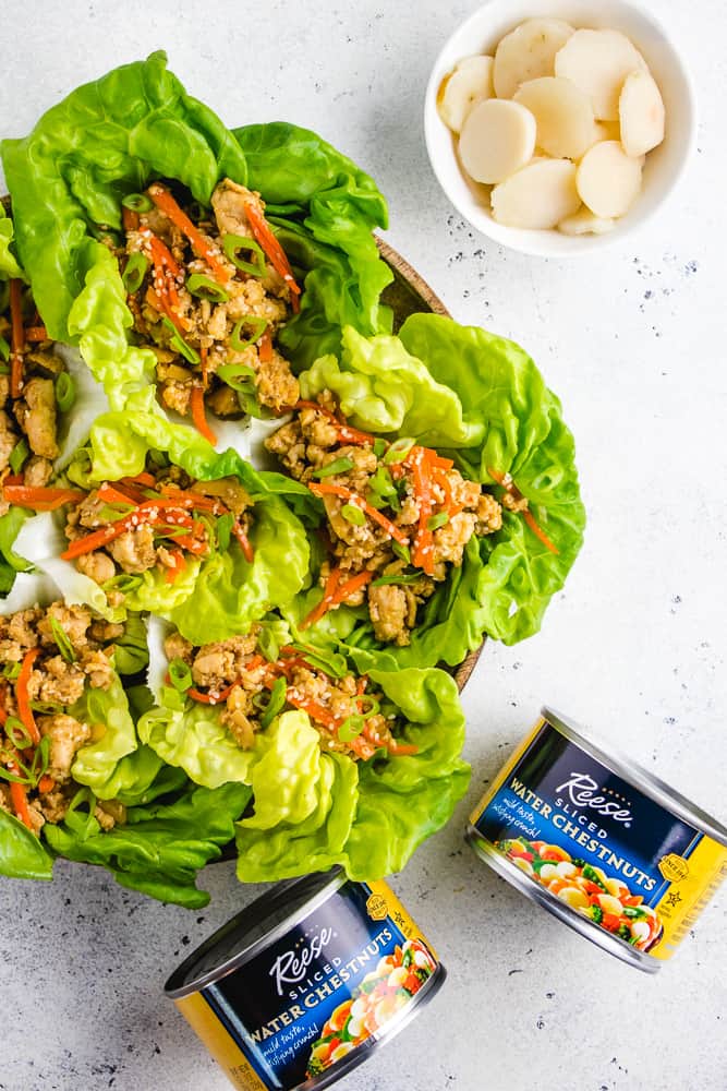 An overhead photo of chicken lettuce wrap with two cans of water chetsnuts on the side.