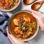 Instant Pot Barley Soup with Beef in a bowl.