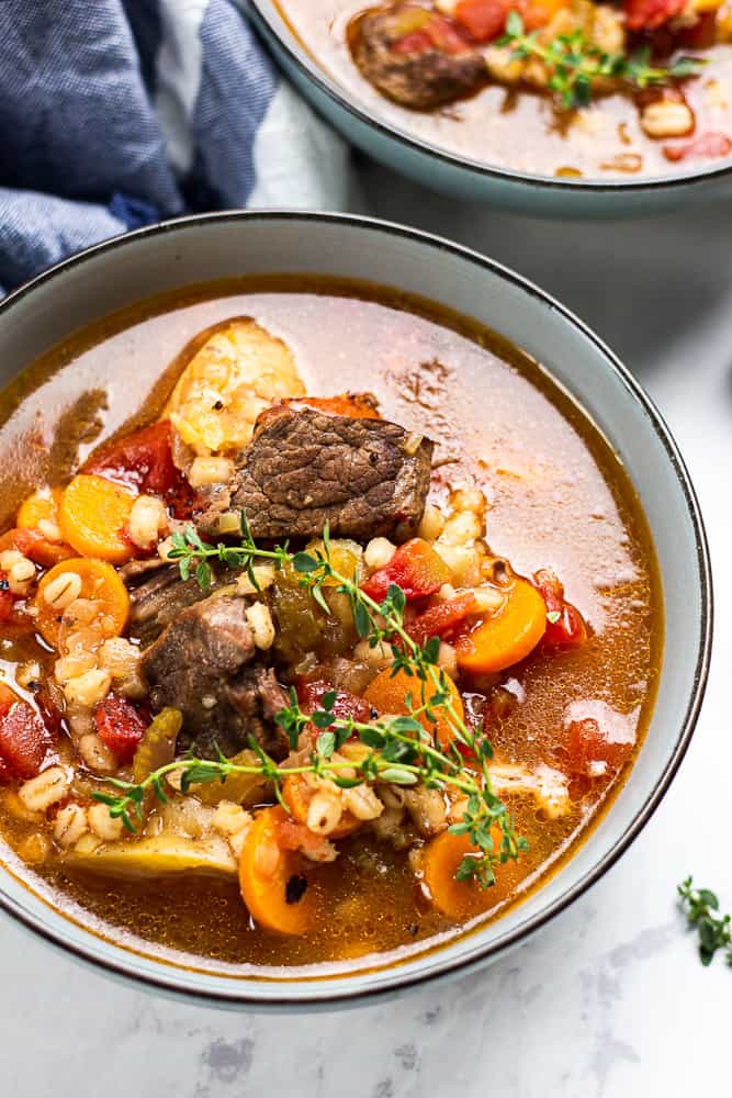 Instant Pot Barley Soup with Beef in a bowl.