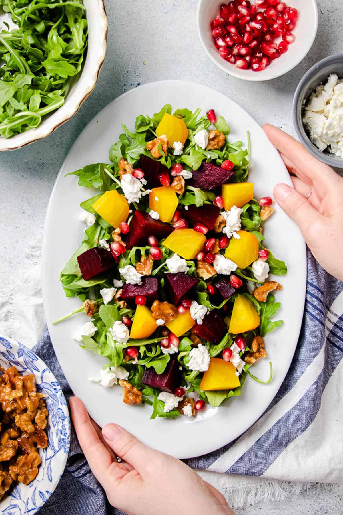 Beet Salad on an oval white plate.