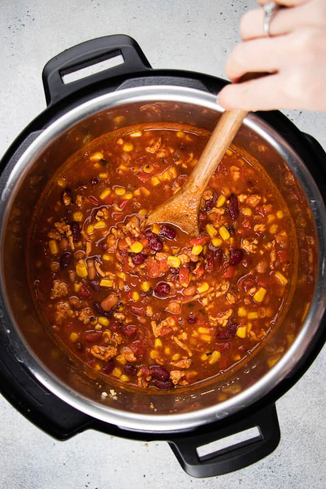 Instant Pot Turkey Chili in pressure cooker.