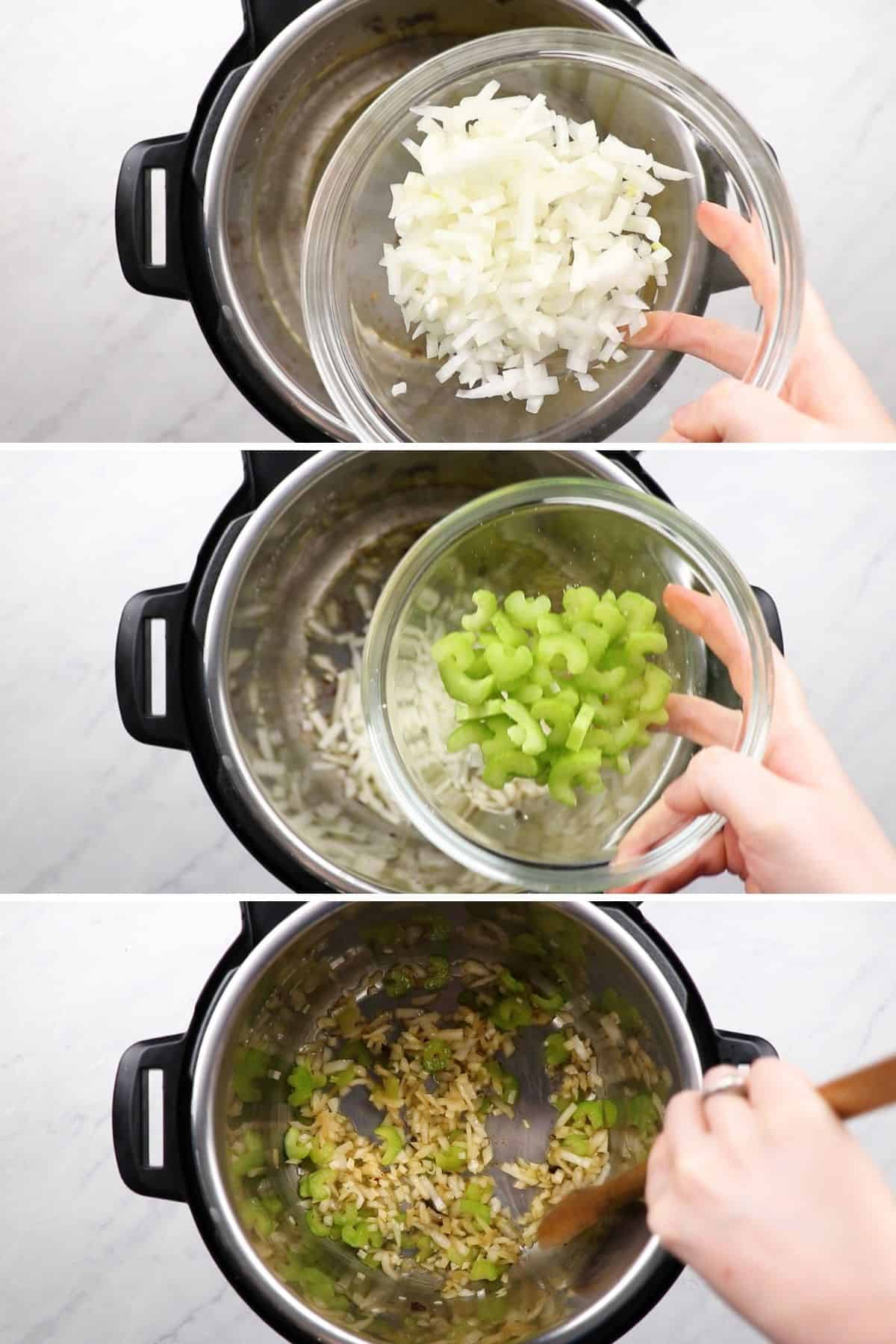 Process photos of adding chopped onion and celery to the pressure cooker.