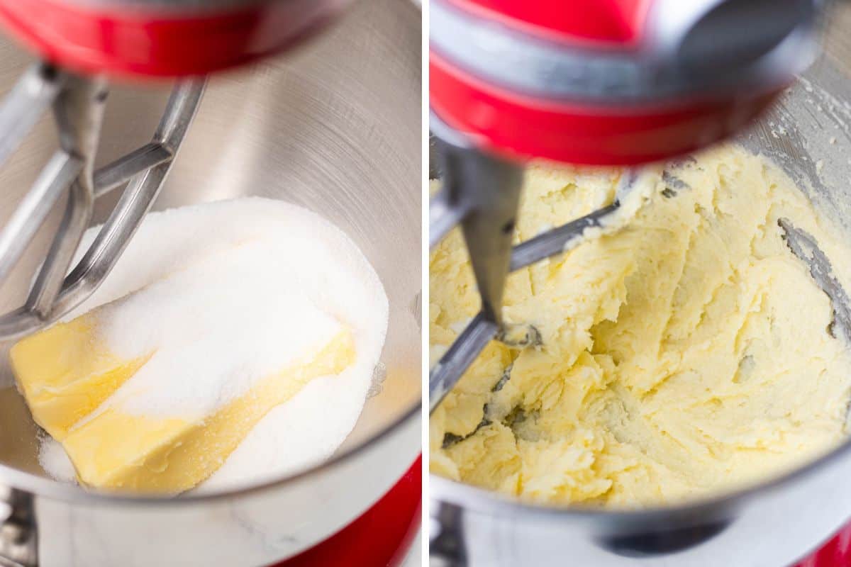 Process photos of beating butter and sugar in a stand mixer.