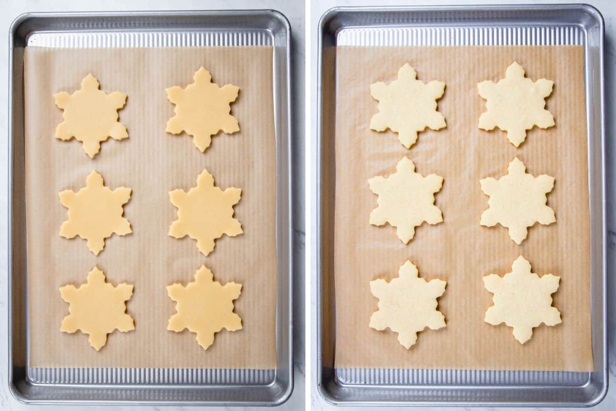 Star shaped cookies on a baking sheet before and after baking.