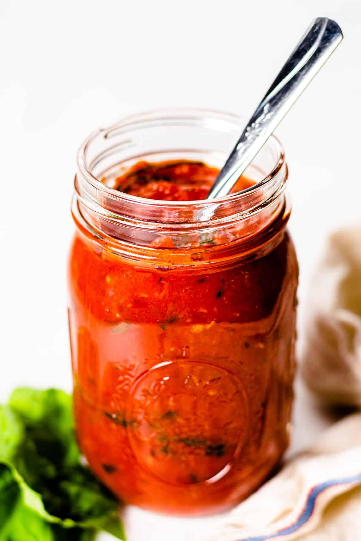 Marinara sauce in a mason jar.