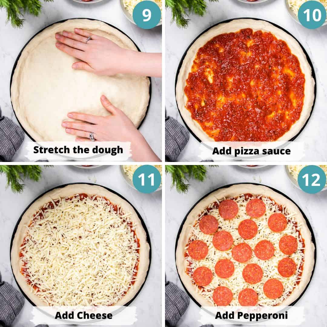 Process photos of how to assemble pizza toppings.