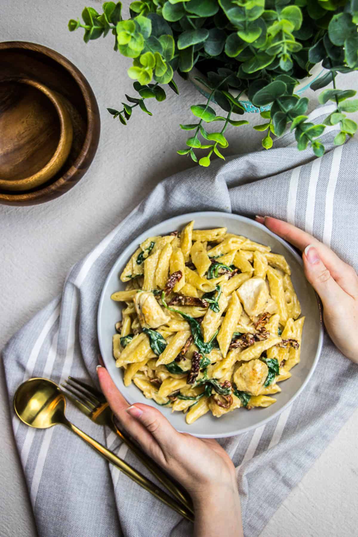 pasta with alfredo sauce on a table with a towel.