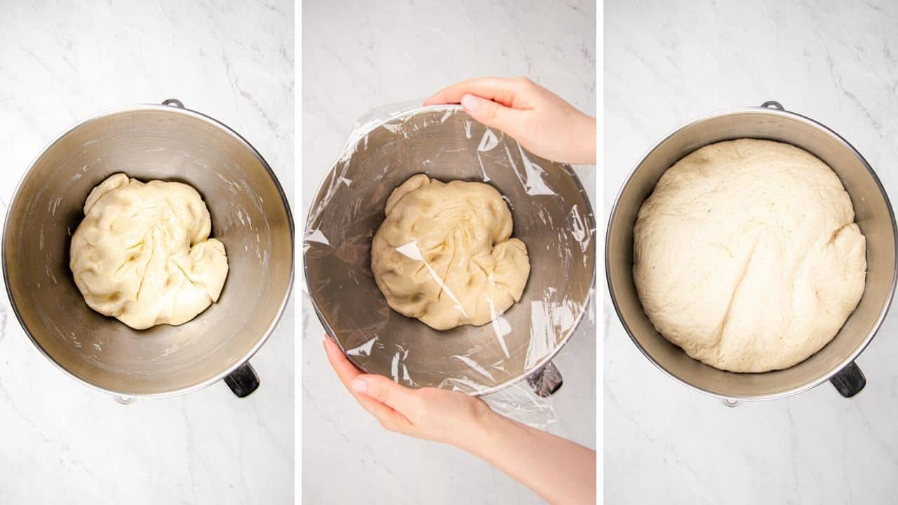 Process photos of proofing the pizza dough.