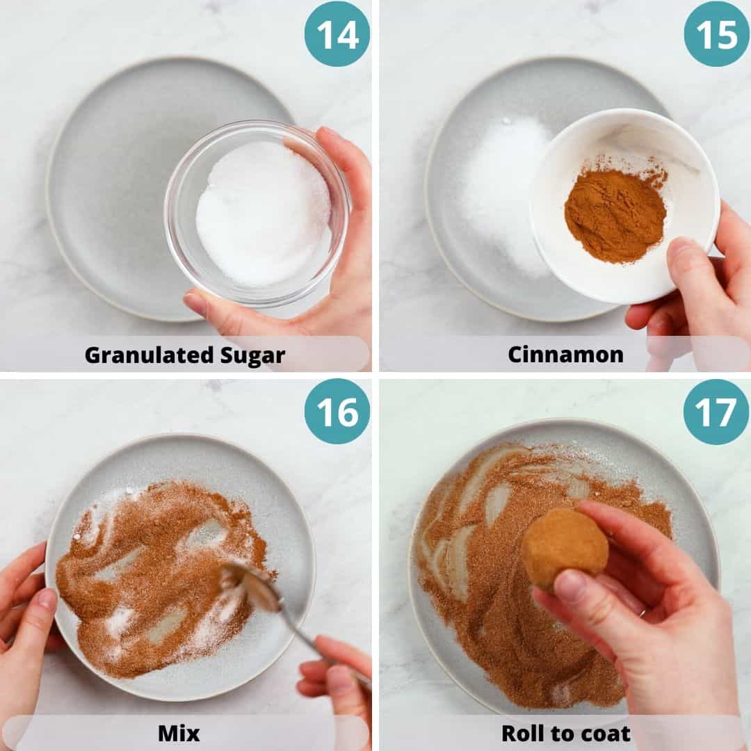 Process photos of how to make snickerdoodle cookies.