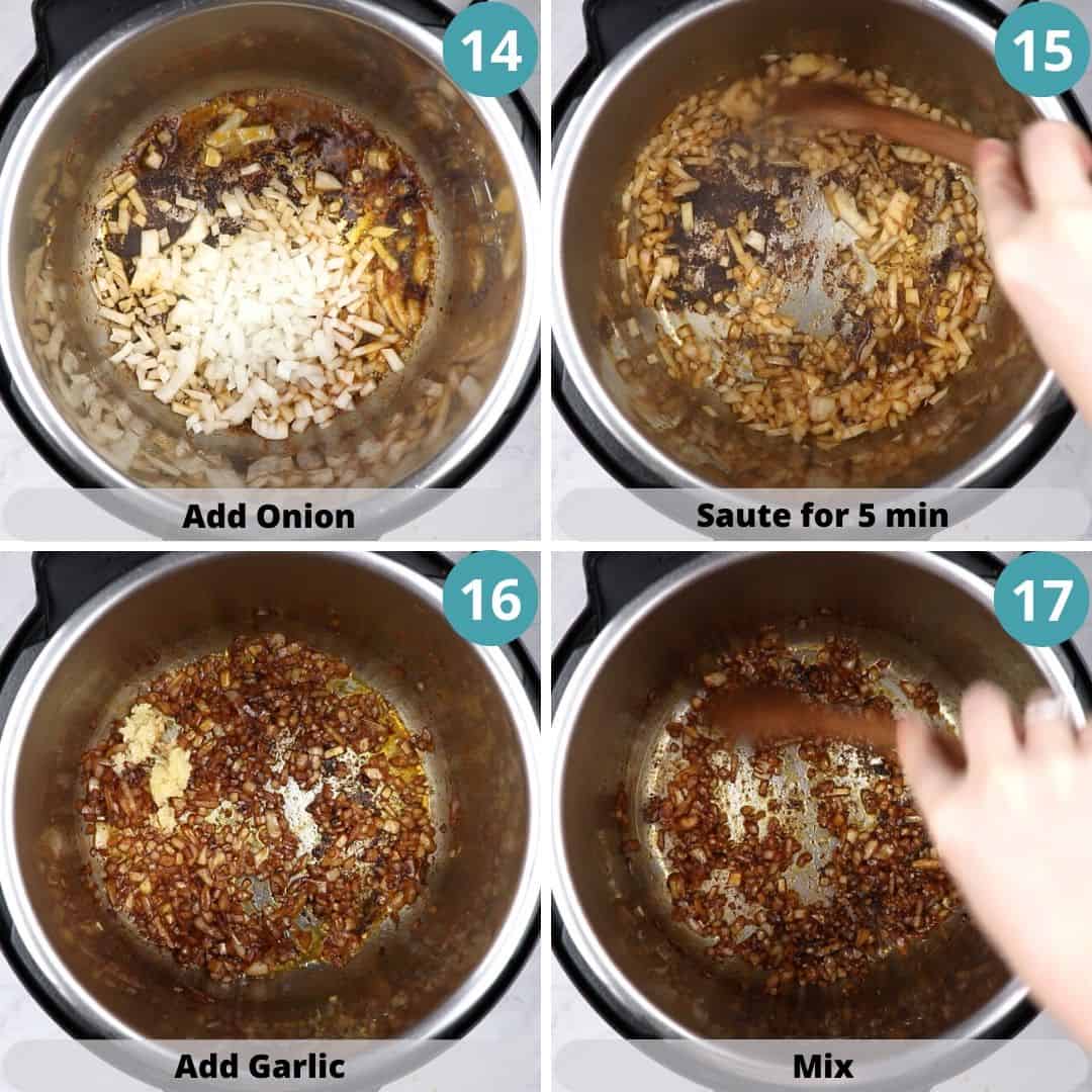 Process photos of searing onion in a pressure cooker.