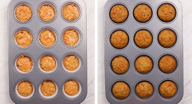 carrot cake cupcakes in a baking pan before and after baking.