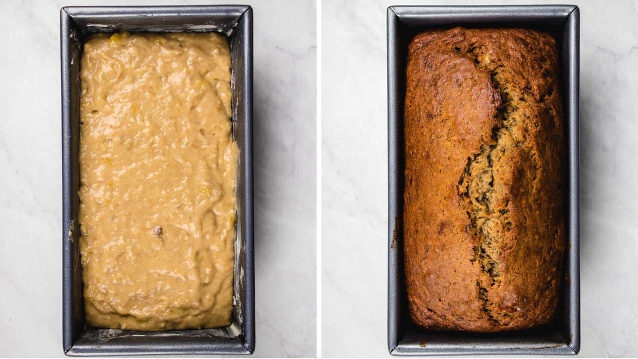 banana bread before and after baking.
