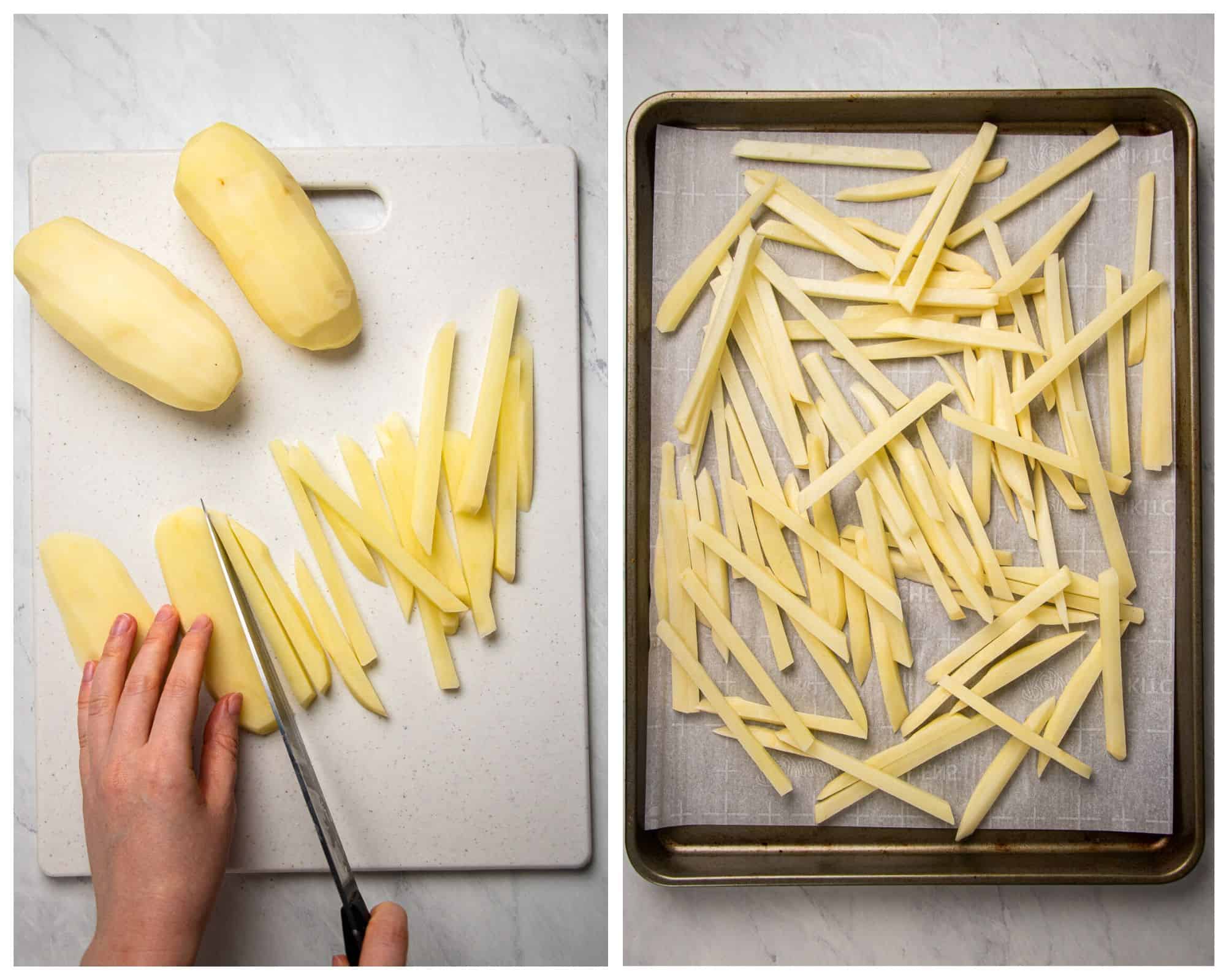 process photos of how to make baked fries.