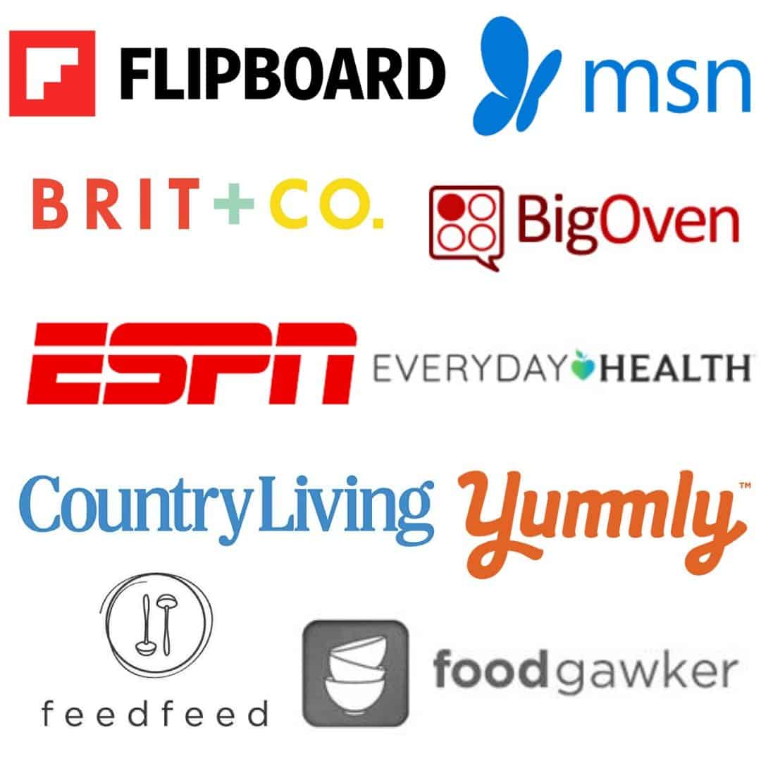 list of brand logos where Veronikia's Kitchen recipes have been featured; including ESPN, MSN, Brit+CO, and many more.