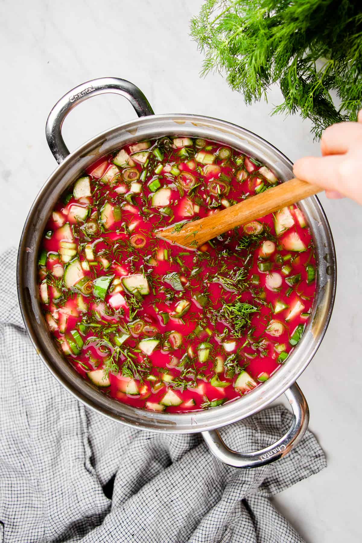 Overhead photo of beet Soup in a metal pot.