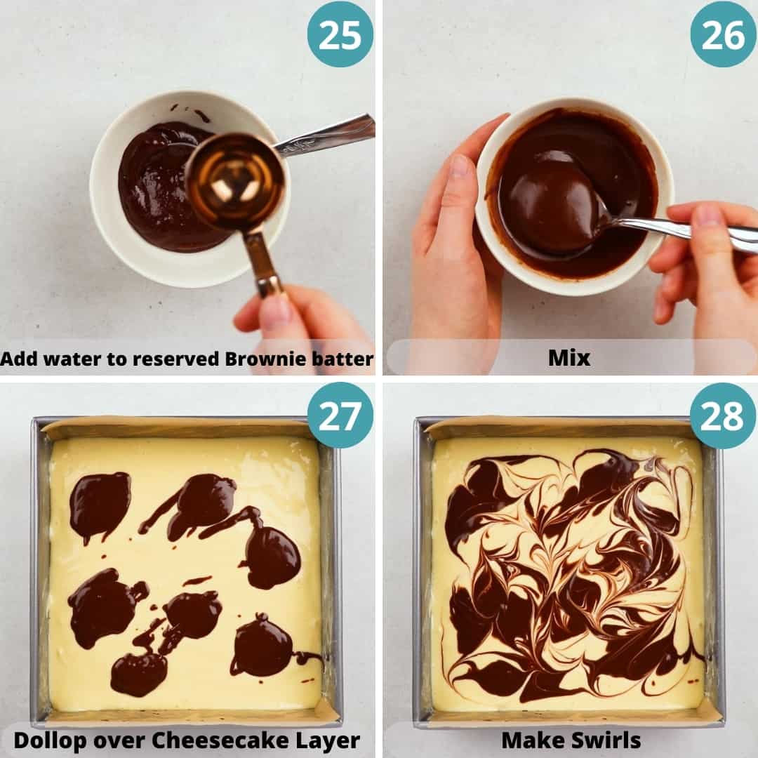 Process photos of how to make cheesecake brownies.