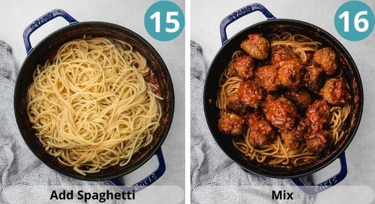 Process photos of how to make spaghetti with meatballs.