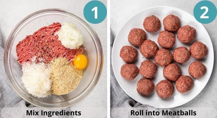 Process photos of how to make spaghetti with meatballs.