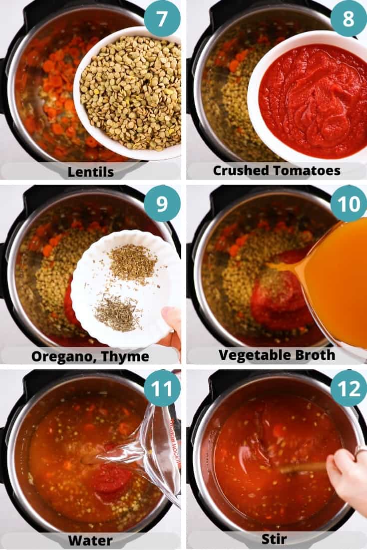 Process Photos of how to make Instant Pot Lentil Soup.