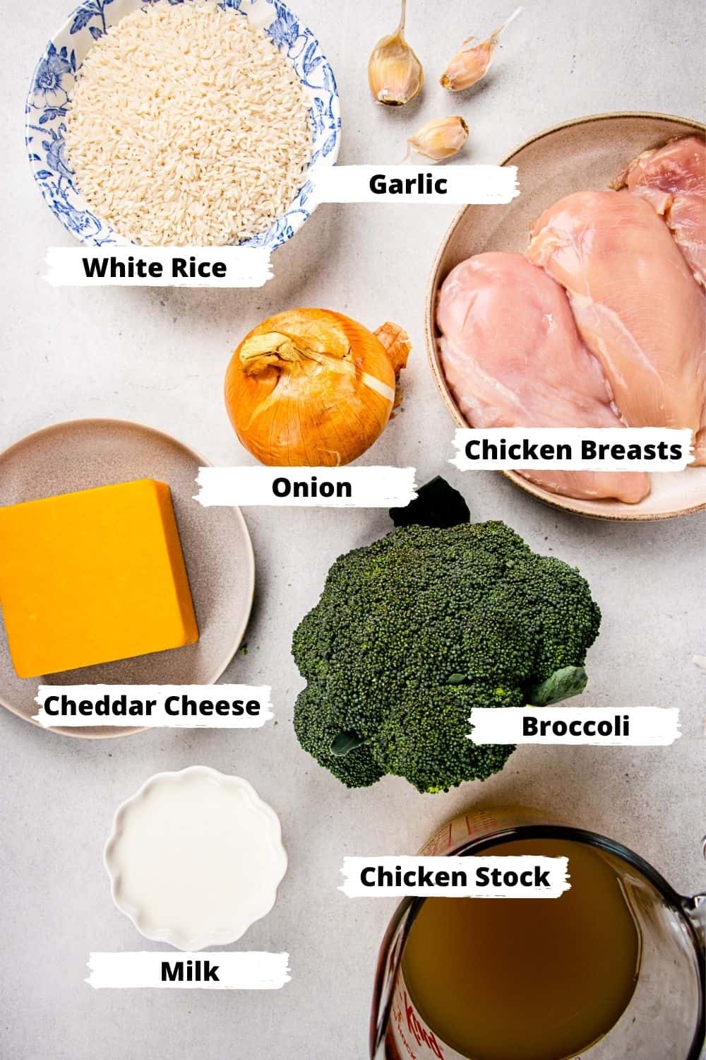 Ingredients to make Cheesy Broccoli Chicken and Rice Casserole.