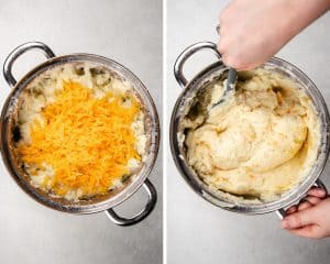 Process photos of how to make loaded mashed potatoes.