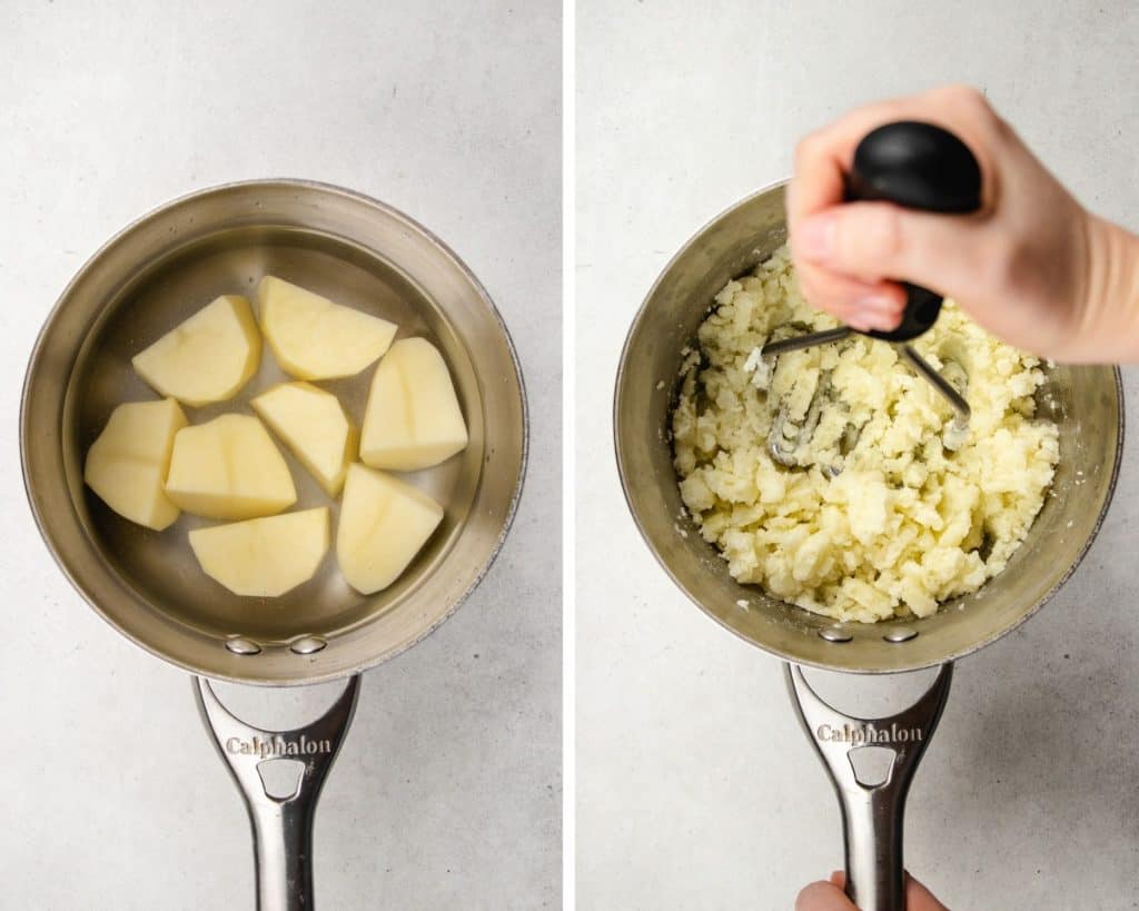Process photos of how to make potato rolls.