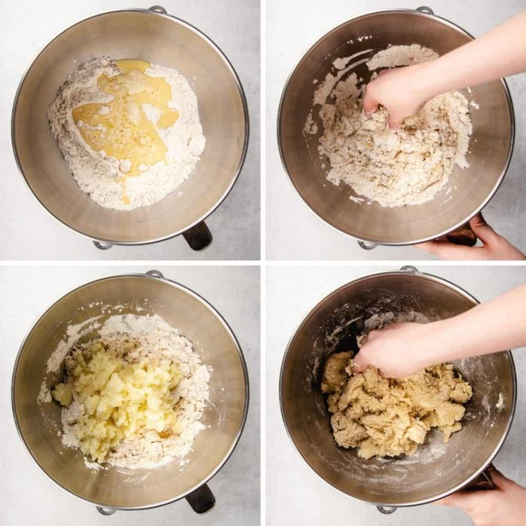Process photos of how to make potato rolls.