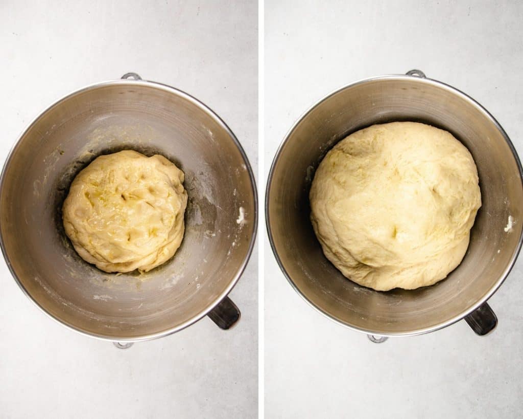 potato rolls dough in a mixing bowl before and after proofing.