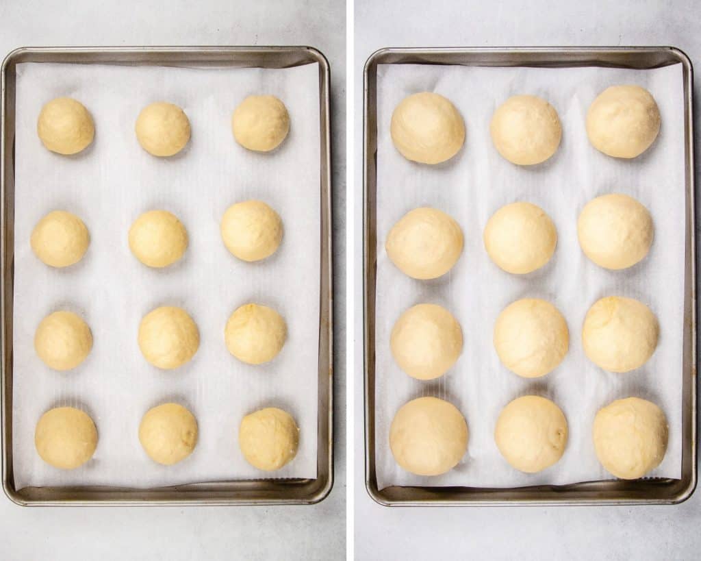 Potato rolls on a baking sheet before and after proof.