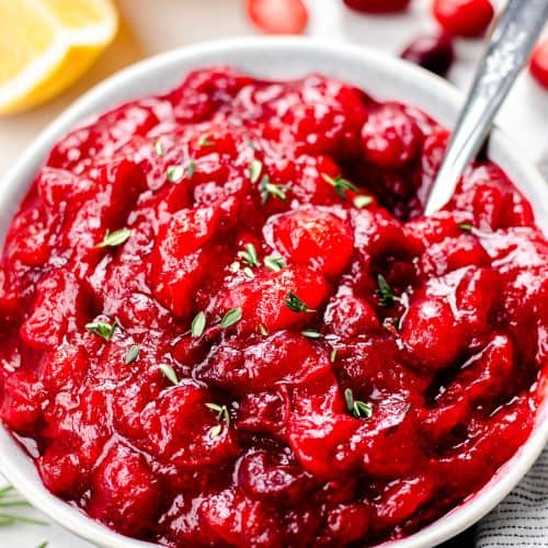 Bourbon Cranberry Sauce in a white bowl.