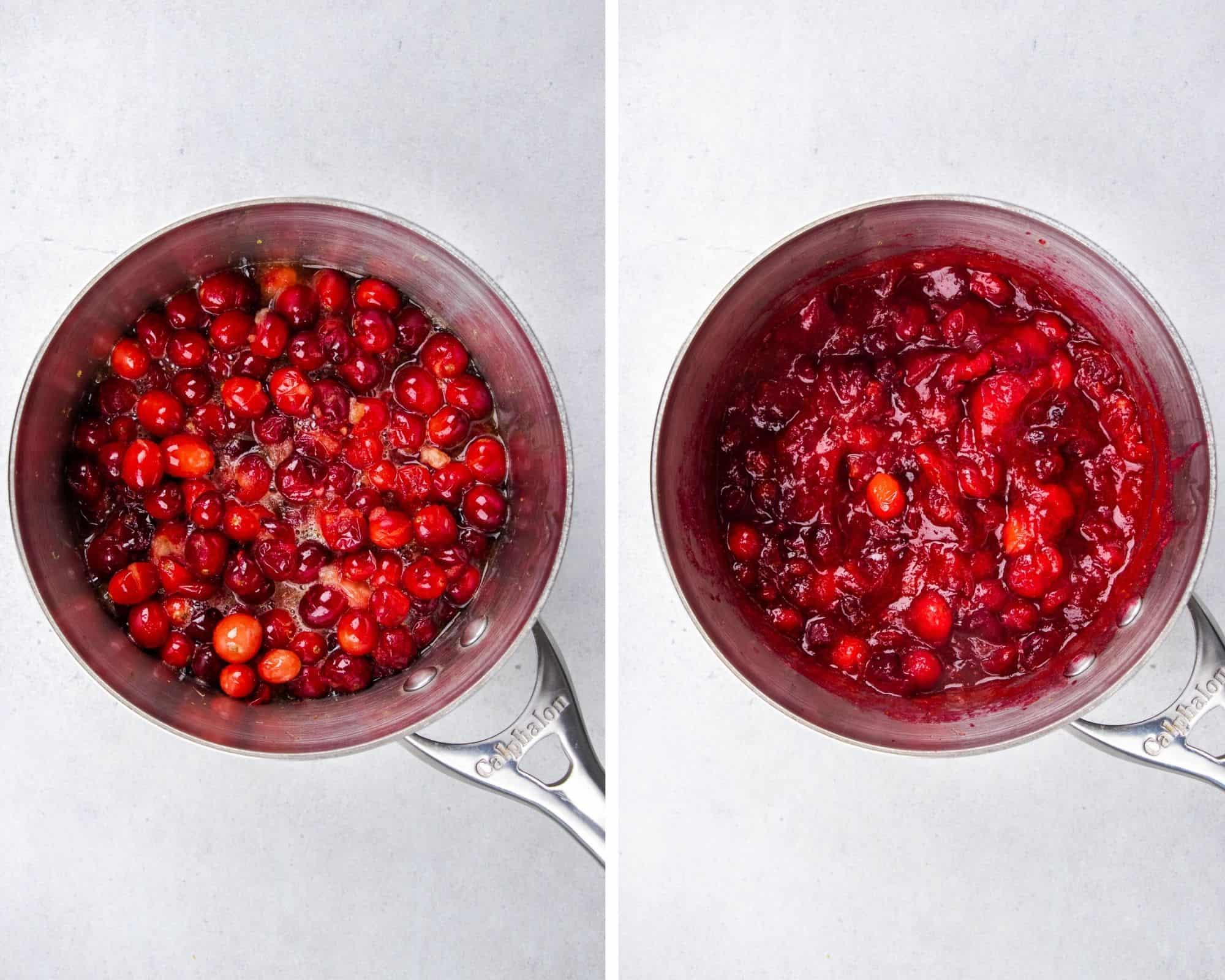 Cranberry sauce in a sauce pan during and after cooking.