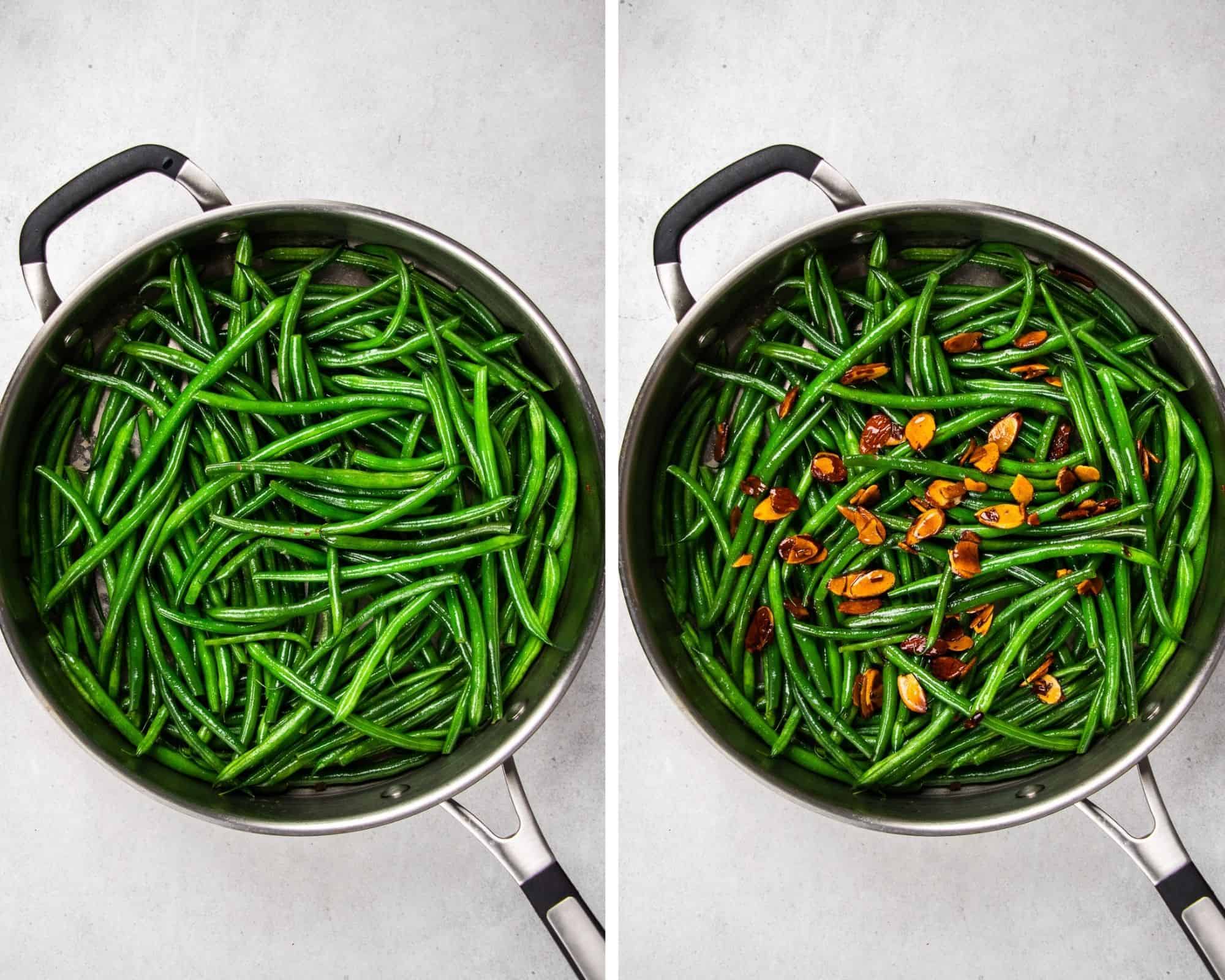 Process photos of how to make green beans amandine.