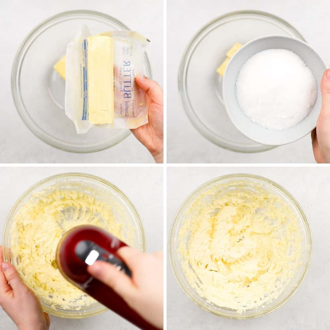 Process photos of Mixing butter with sugar, using a hand mixer.