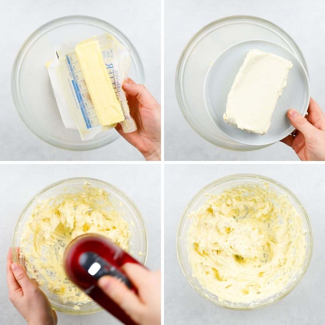 4 process photos. Adding butter and cream cheese to a bowl and mixing with a hand mixer.