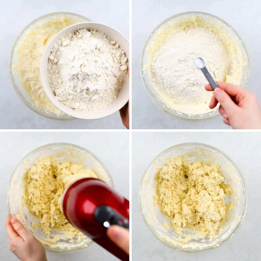 4 process photos. Adding flour and salt into wet ingredients and mixing with a stand mixer.