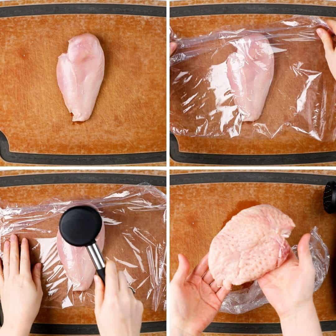 Process photos of pounding chicken breast.