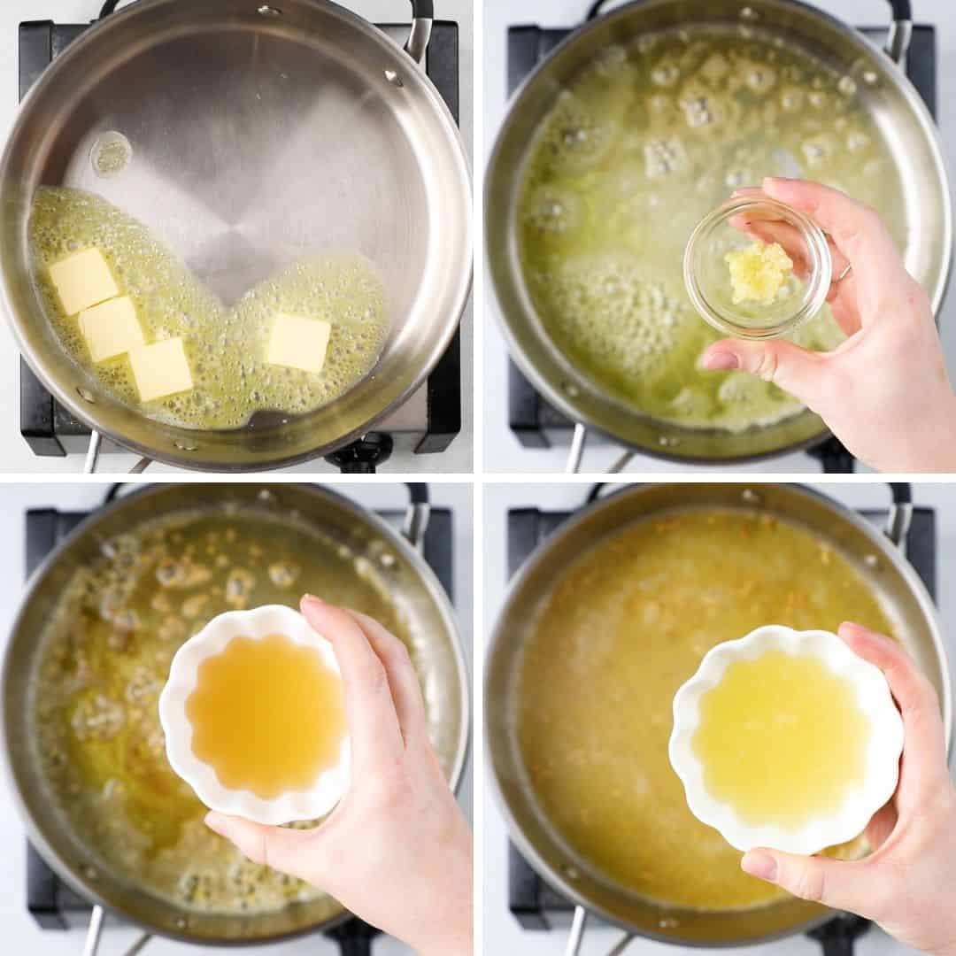 Process photos of making lemon butter sauce.