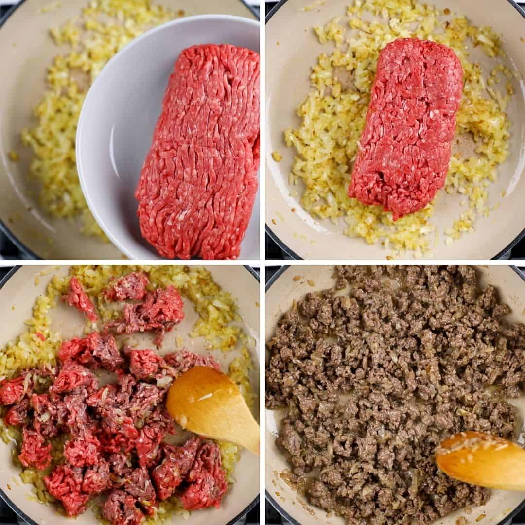 Process photos of cooking ground beef with onion.