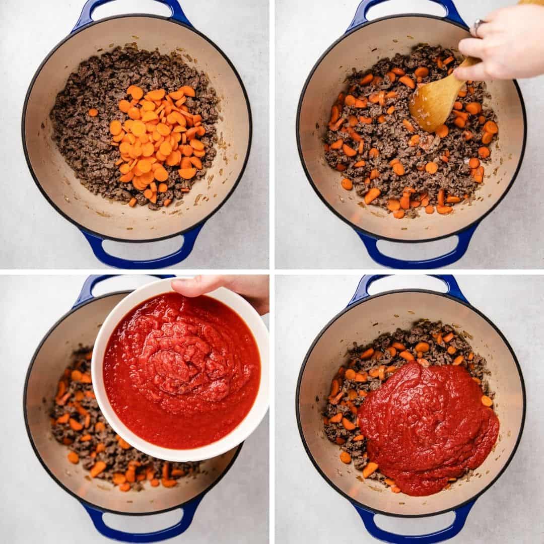 Process photos of making soup.