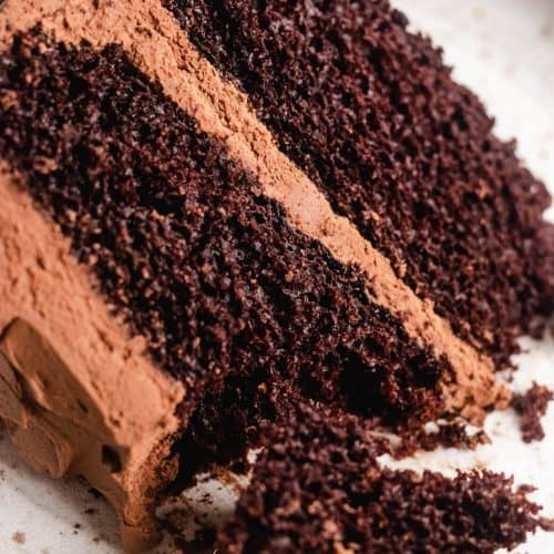A slice of a chocolate cake on a white plate.