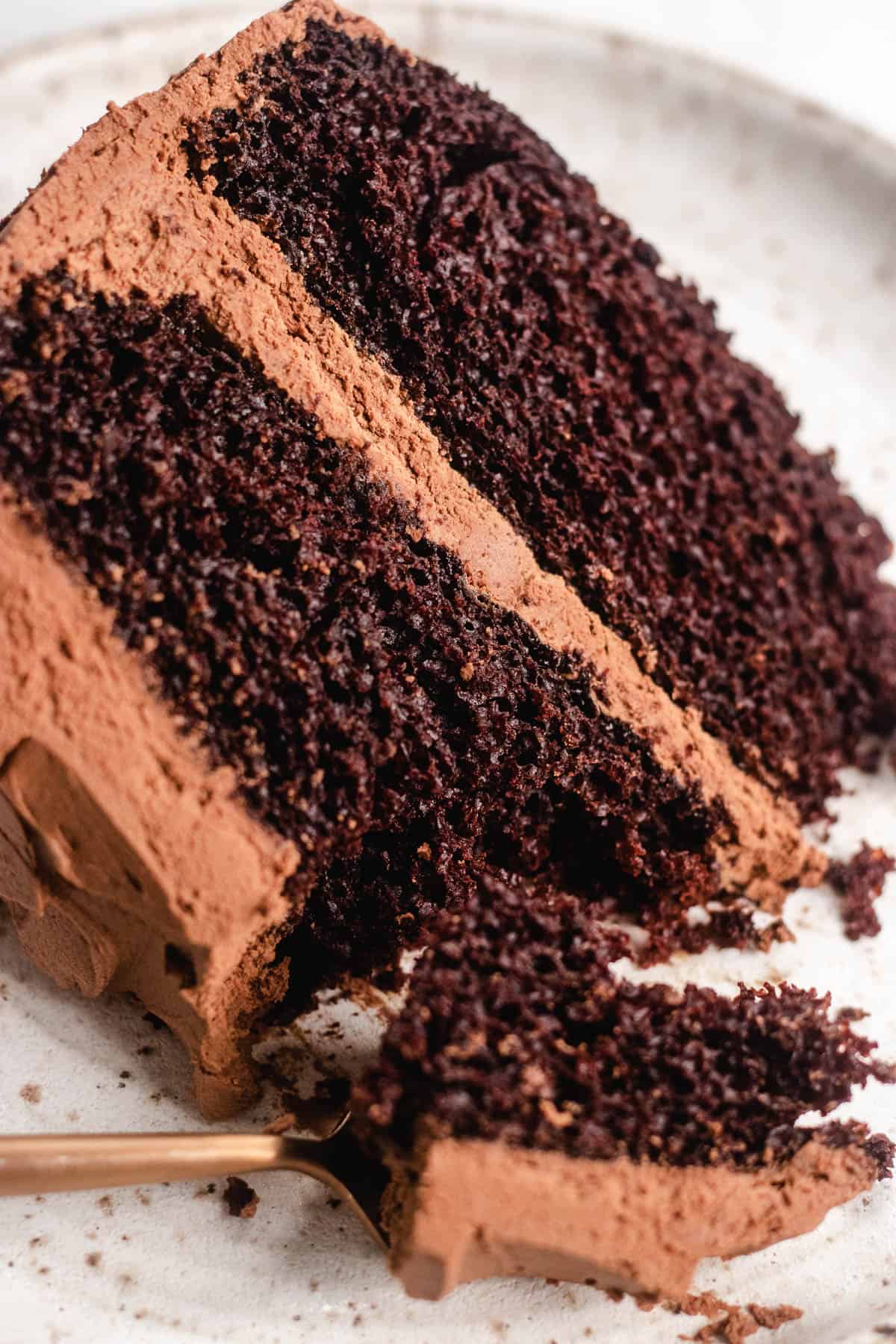 A slice of a chocolate cake on a white plate.