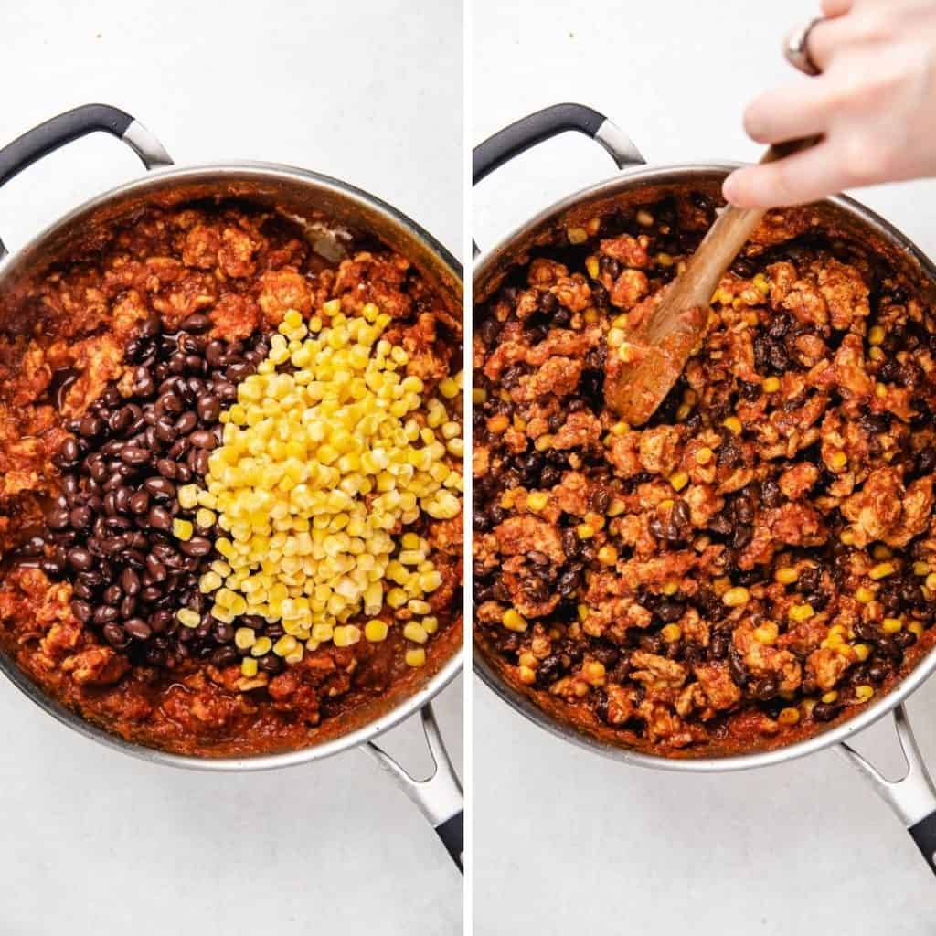 Process photos of adding black beans and corn to Taco skillet.