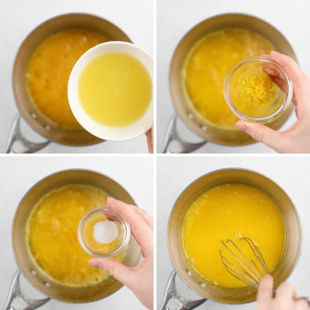 Process photos of making lemon curd.