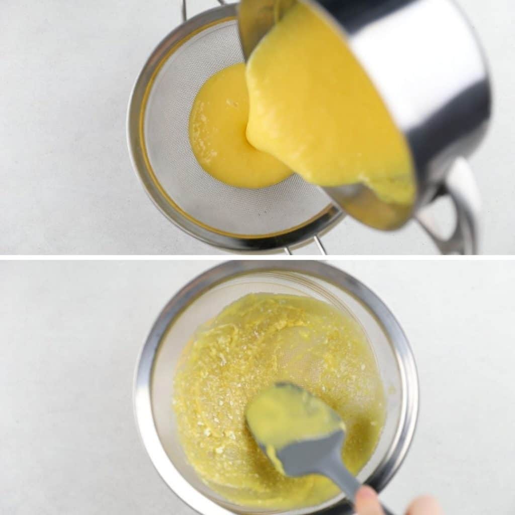 Progress photos of how to strain lemon curd through a mash sieve.