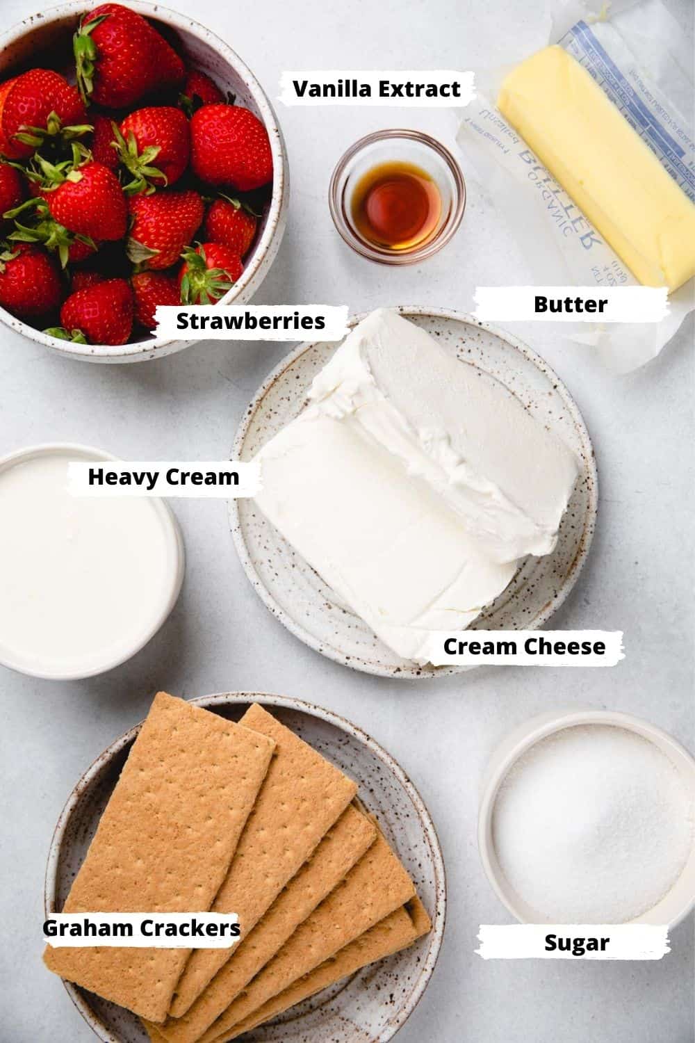 Ingredients for no bake Strawberry cheesecake bars.
