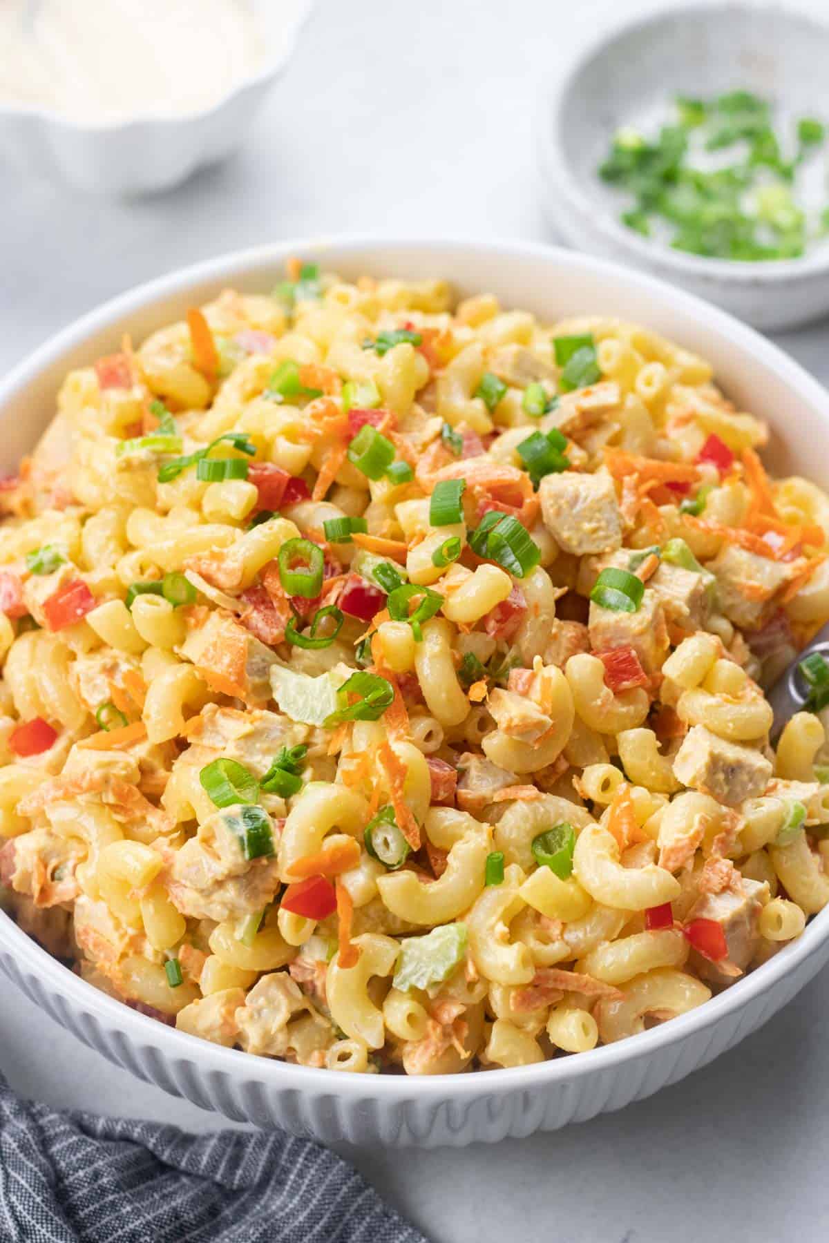 Chicken Macaroni Salad in a white bowl.