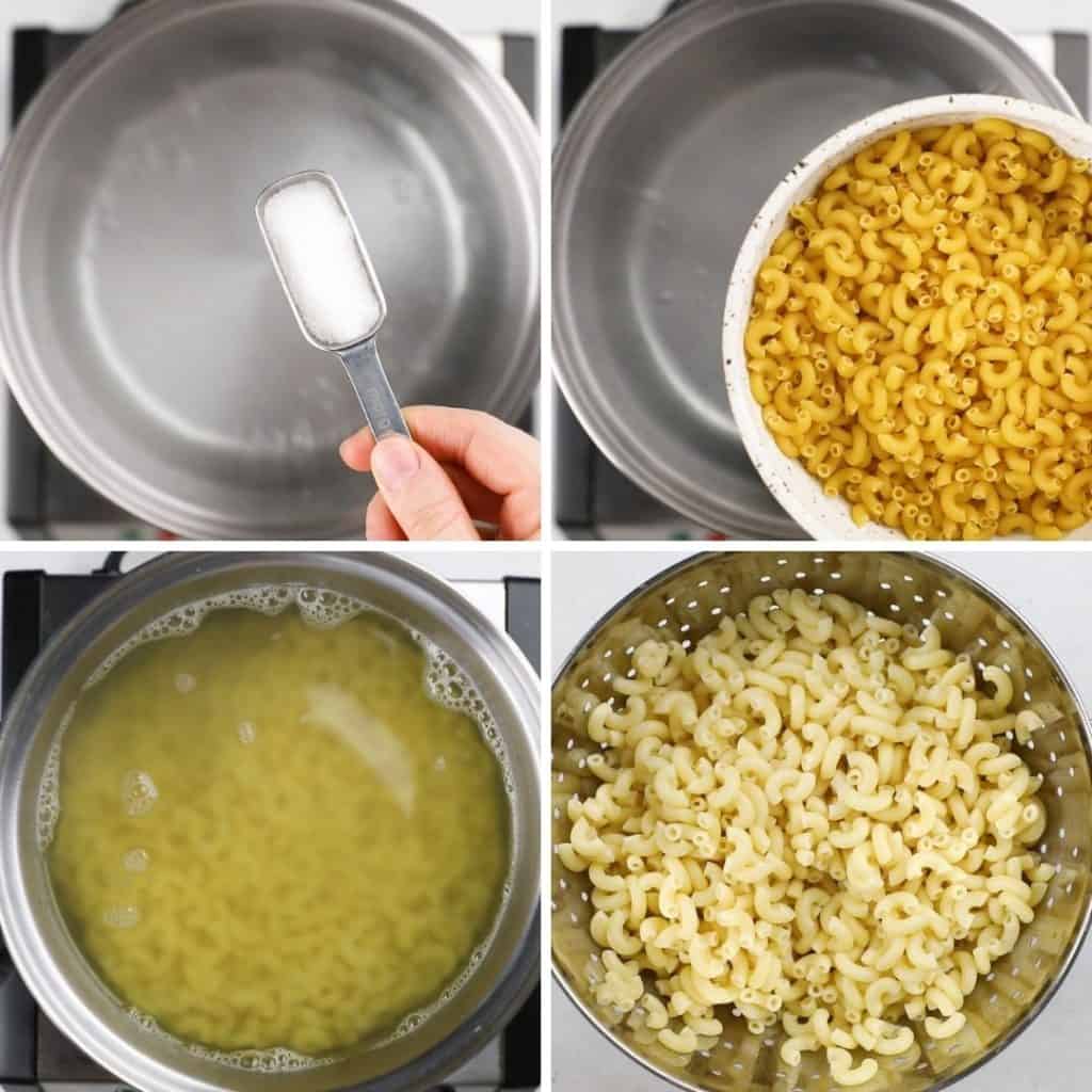 Process photos of how to cook pasta.
